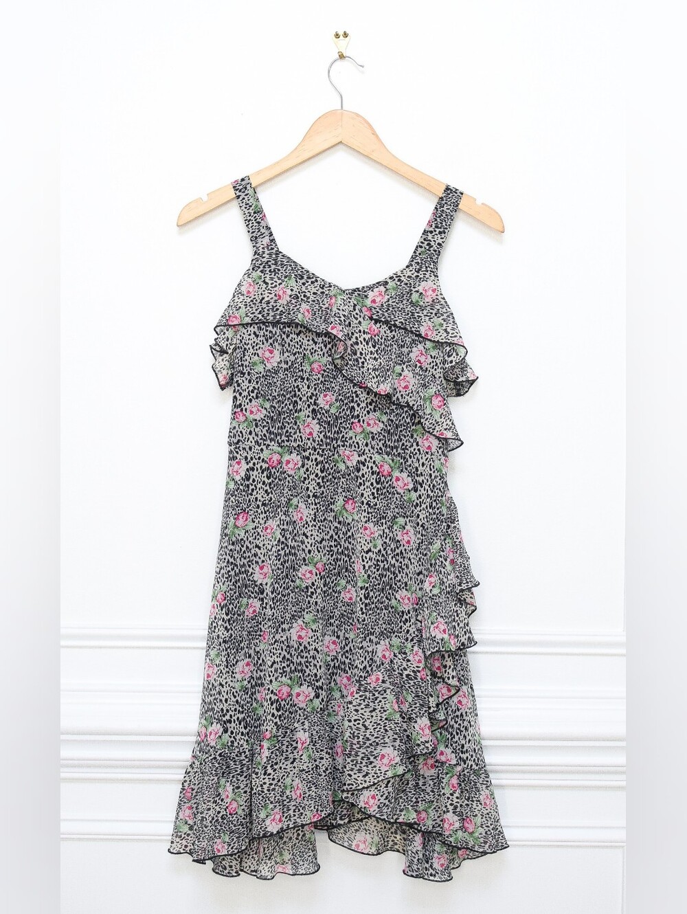 Y2K Animal Print Floral Asymmetrical Dress Ruffle Size S Fairy Grunge Romantic